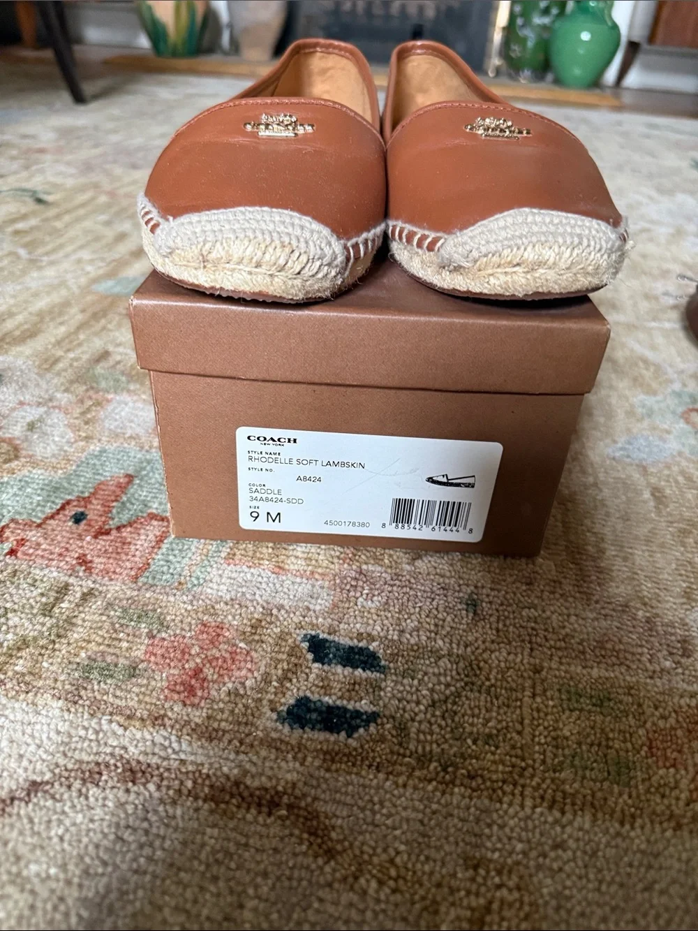 Coach Saddle Brown Leather Espadrille Flats with Gold Logo - Picture 1 of 8